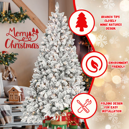 9FT Snow-Flocked Artificial Christmas Tree with Pine Cones, Prelit Xmas Trees, Hinged Easy Assembly & Reinforced Metal Base - Ideal for Indoor & Outdoor Festive Decorations