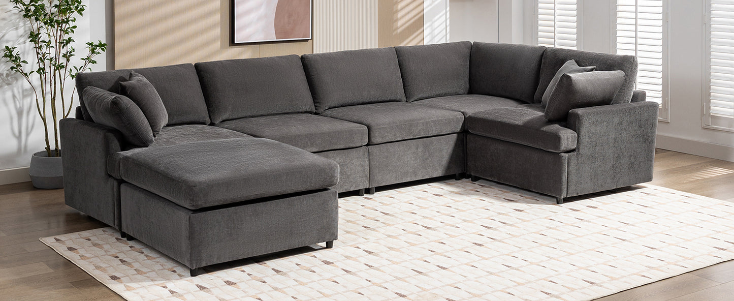 [ Video Provided]U_STYLE Upholstered Sectional Sofa with Removable Ottoman,U-Shape 6 Seat Sectional Couch,  for Living Room,,Apartment, Spacious Space