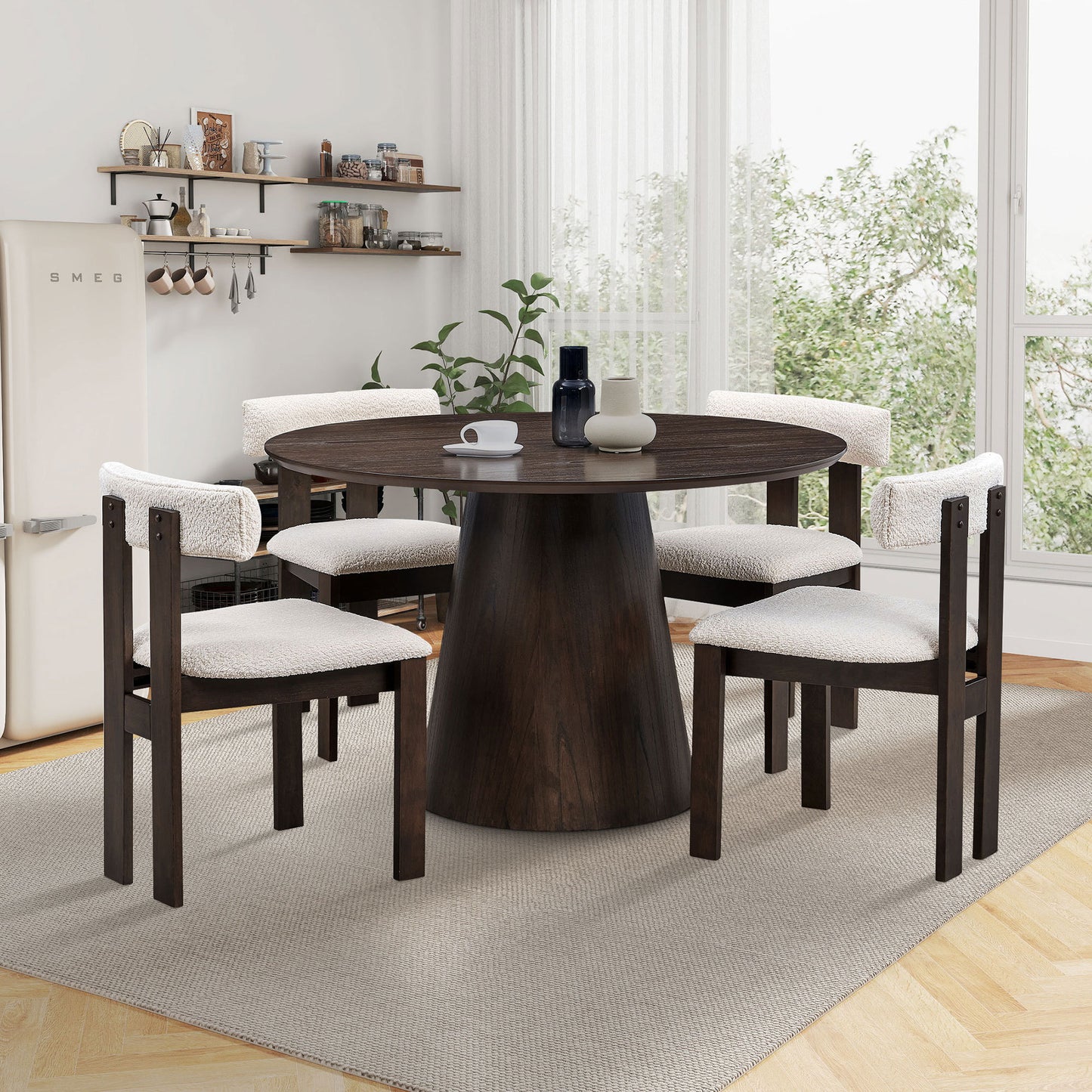 (1 Table with 4 Chairs)Wooden Dining Table Set, Modern Round MDF Kitchen Table and Boucle Upholstered Dining Chairs for Dining Room, Kitchen, Saving Space, Brown