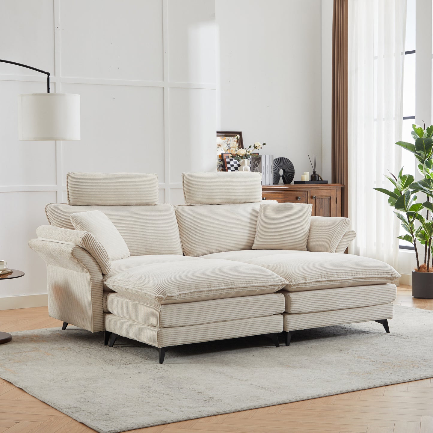 [VIDEO/New] Deep Seat Sectional Sofa, Comfortable Cloud Sofa with Ottomans, loveseat Sofa, 85.8''Modern Corduroy Upholstered Sectional Sofa for Living Room, Apartment, Studio, Office (Beige).