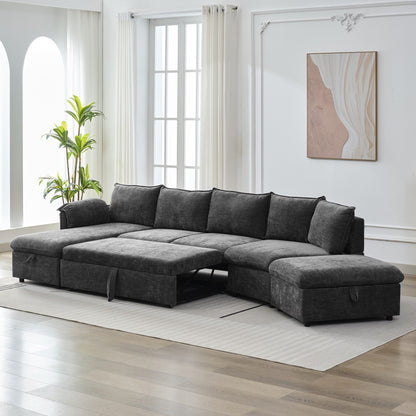 146.9" L-shaped Sofa Sectional Sofa Couch Pull-out Sofa Bed with a Movable Storage Ottoman, a Storage Chaise Lounge and Two USB Ports for Living Room, Grey