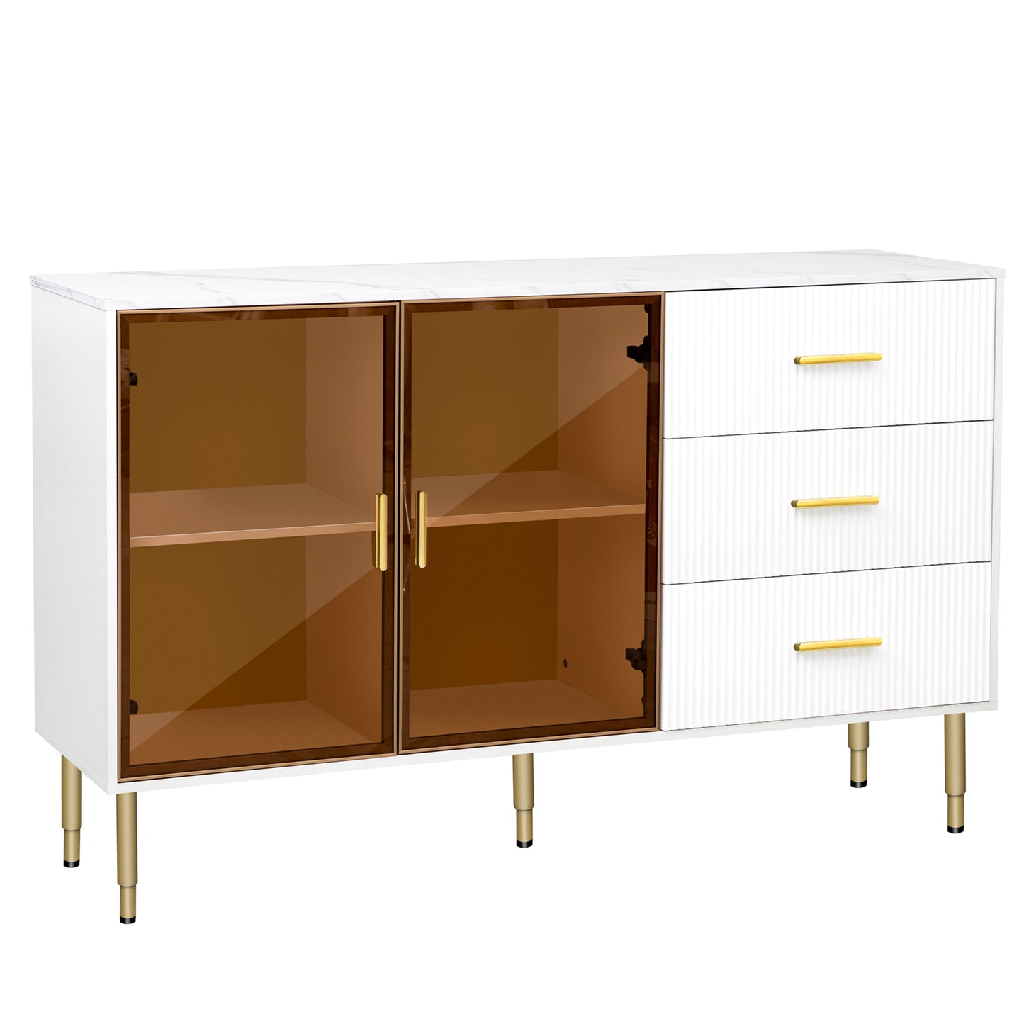 TREXM Modern Sideboard MDF Buffet Cabinet Marble Sticker Tabletop and Amber-yellow Tempered Glass Doors with Gold Metal Legs & Handles (White)