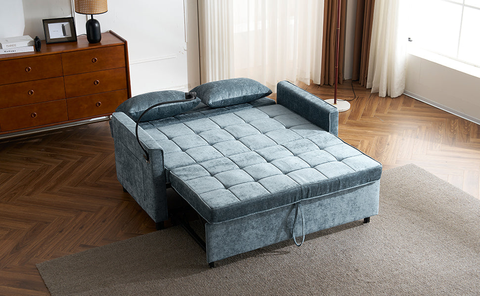 56.9" Loveseat Sofa Pull-out Sofa Bed Sleeper Sofa with a Reversible Backrest Cushion, Side Pockets, Two USB Ports and a Phone Holder for Living Room, Blue