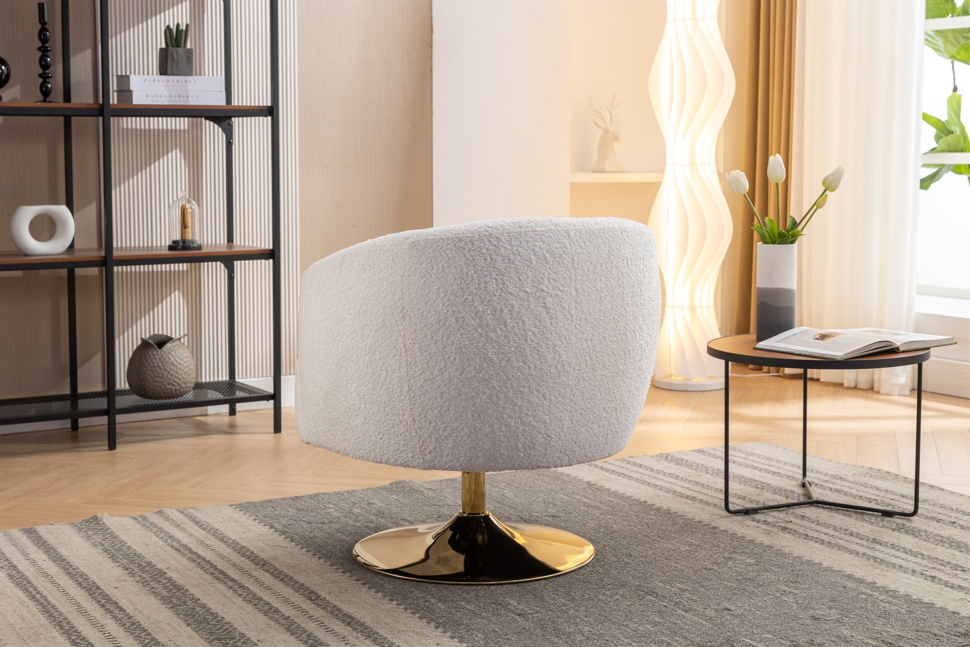 048-Chenille Fabric Accent Swivel Chair With Gold Metal Round Base,White