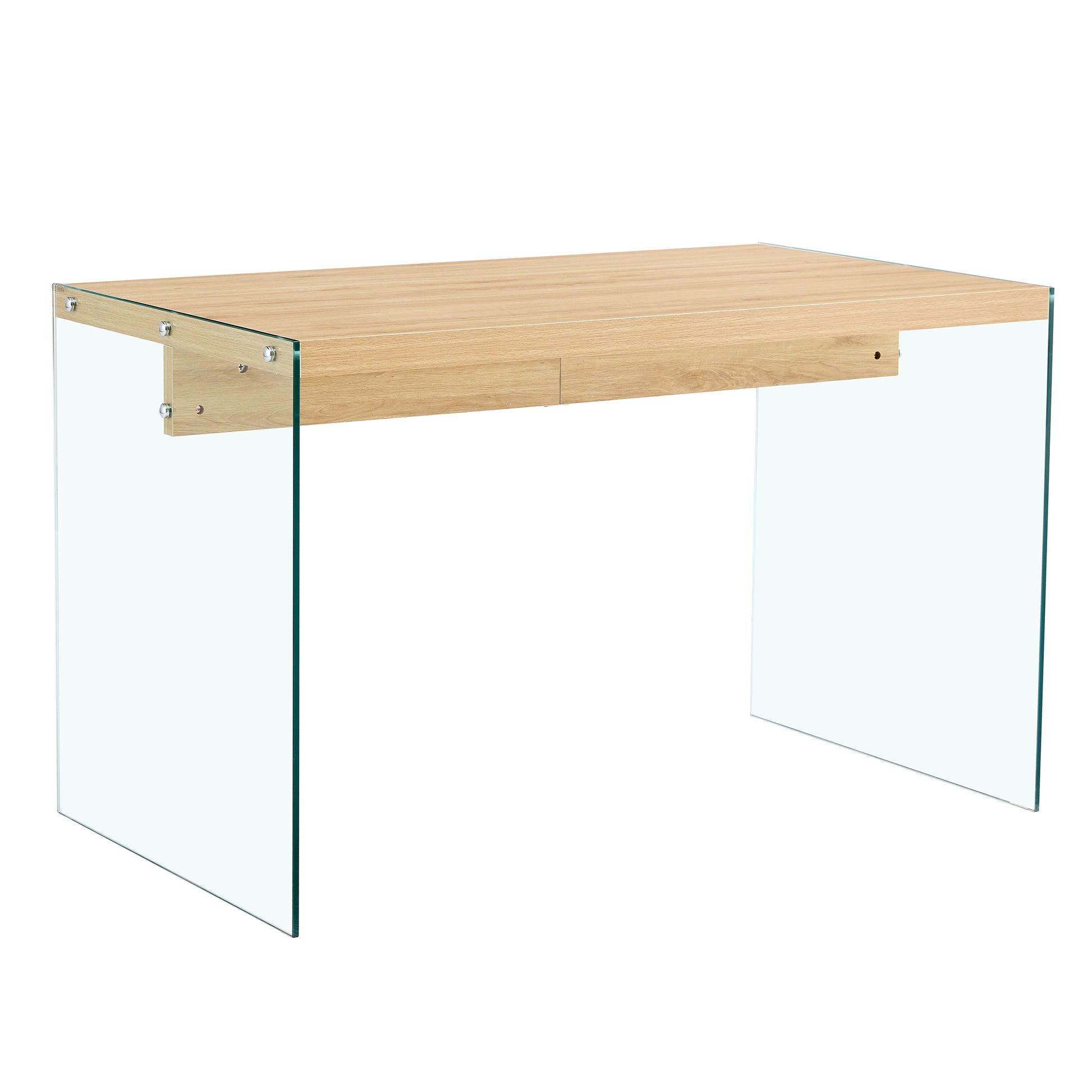 The top of the coffee table is made of medium density fiberboard and wooden stickers, with transparent tempered glass on both sides. The design is simple and elegant, with a sturdy structure.