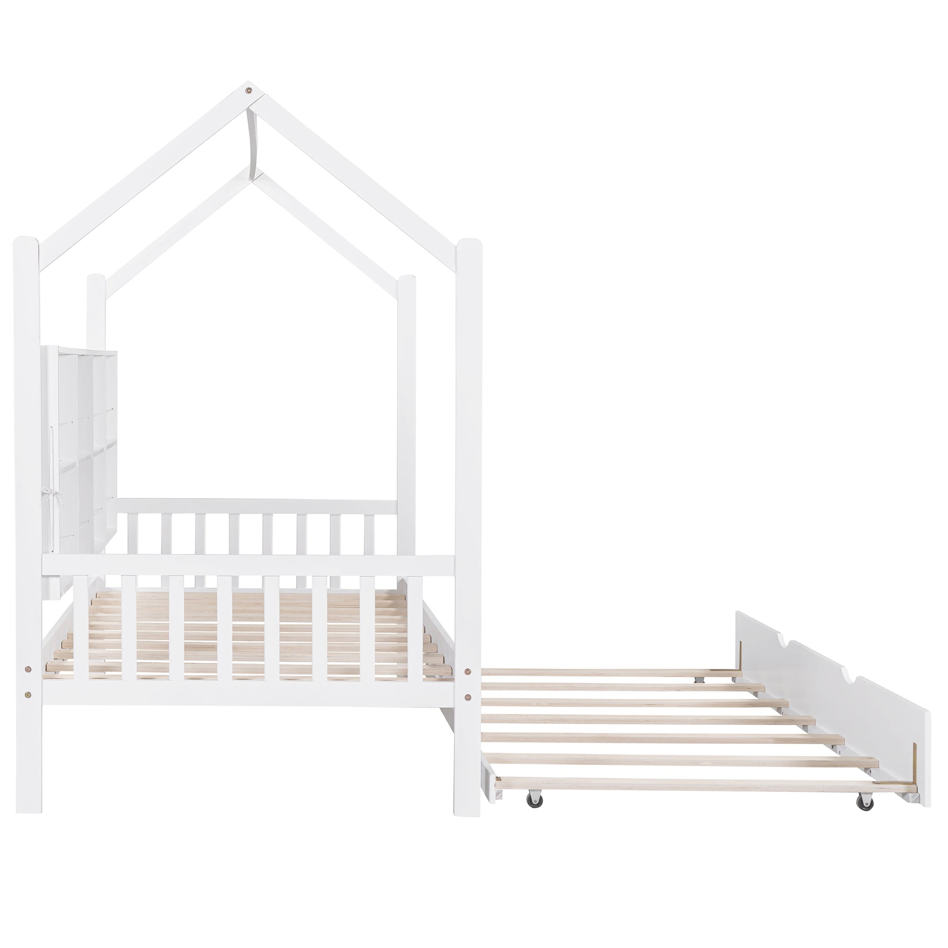 Wooden Twin Size House Bed with Trundle,Kids Bed with Shelf, White