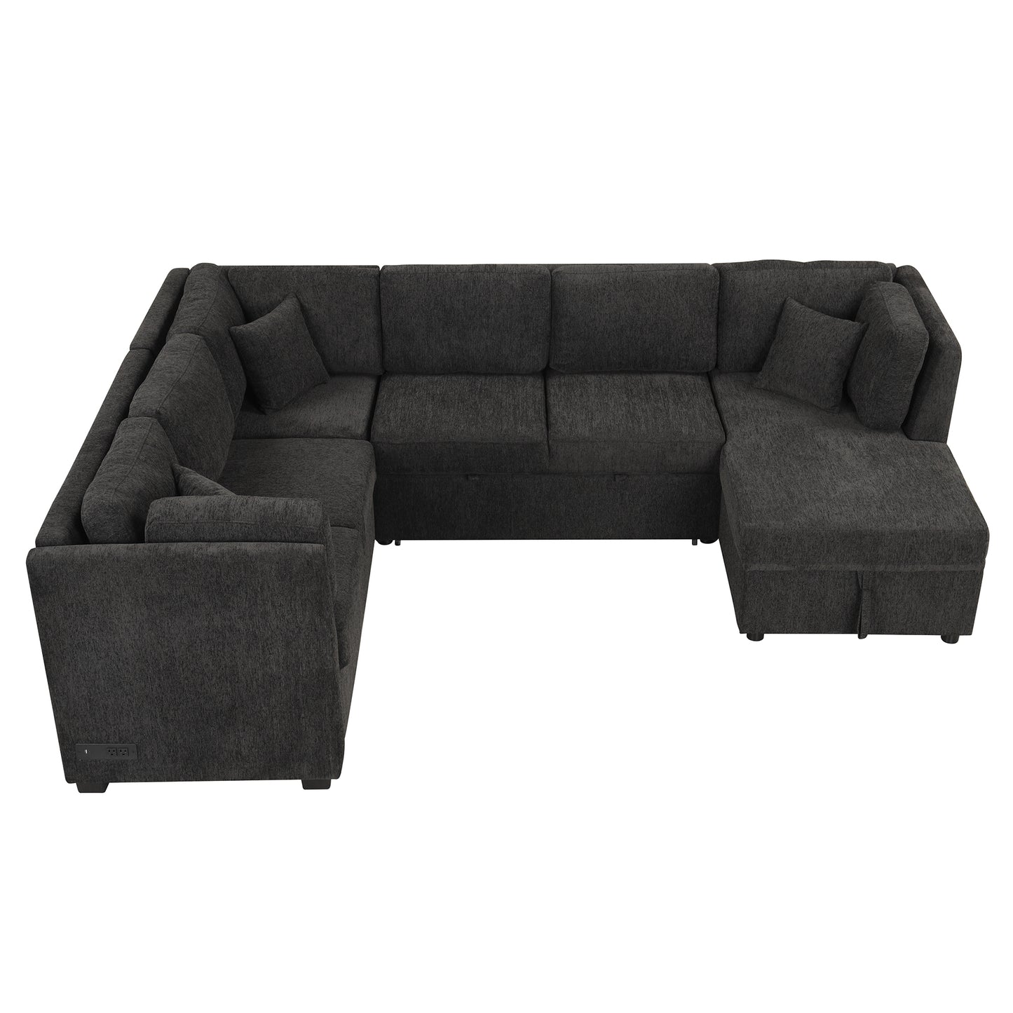 108.6" U-shaped Sectional Sofa Pull out Sofa Bed with Two USB Ports, Two Power Sockets, Three Back Pillows and a Storage Chaise for Living Room, Black