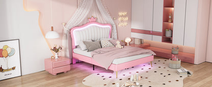 Full Size Upholstered Bed Frame with LED Lights,Modern Upholstered Princess Bed With Crown Headboard,White+Pink