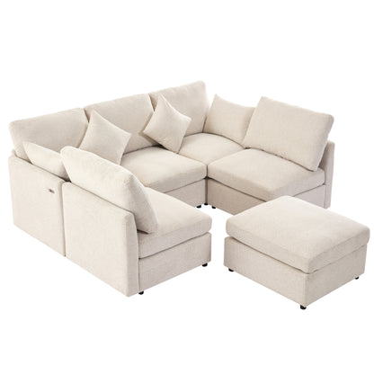 85.4" Sectional Sofa Modular Sofa U-shaped Sofa Couch Sofa Bed L-shaped Sofa with a Movable Ottoman and Two USB Ports for Living Room, Beige