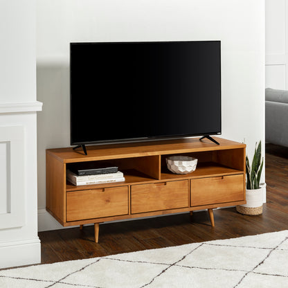 Mid-Century Modern Solid Wood 3-Drawer 58" TV Stand for 65" TVs with 2 Open Cubbies - Caramel