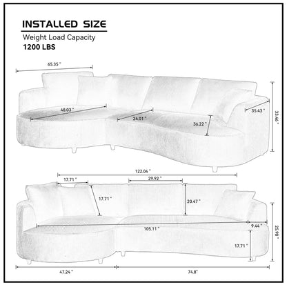 122.04 inch Oversized Sectional Sofa, Modern Couch with Chaise, Comfy Sofa Couch with Left  Facing Chaise, White Corduroy Sofa