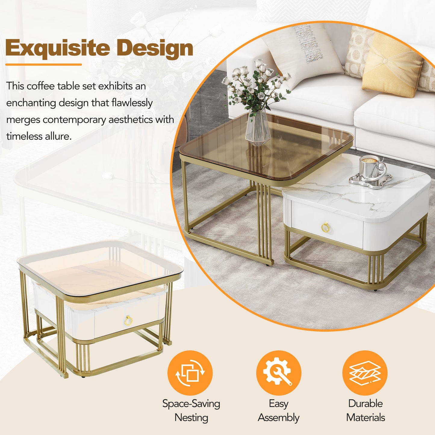 ON-TREND Nesting Coffee Table with Drawer, Set of 2, Exquisite Square Stacking Coffee Tables with Brown Tempered Glass, Side Table with High Gloss Marble Grain Tabletop for Living Room, White