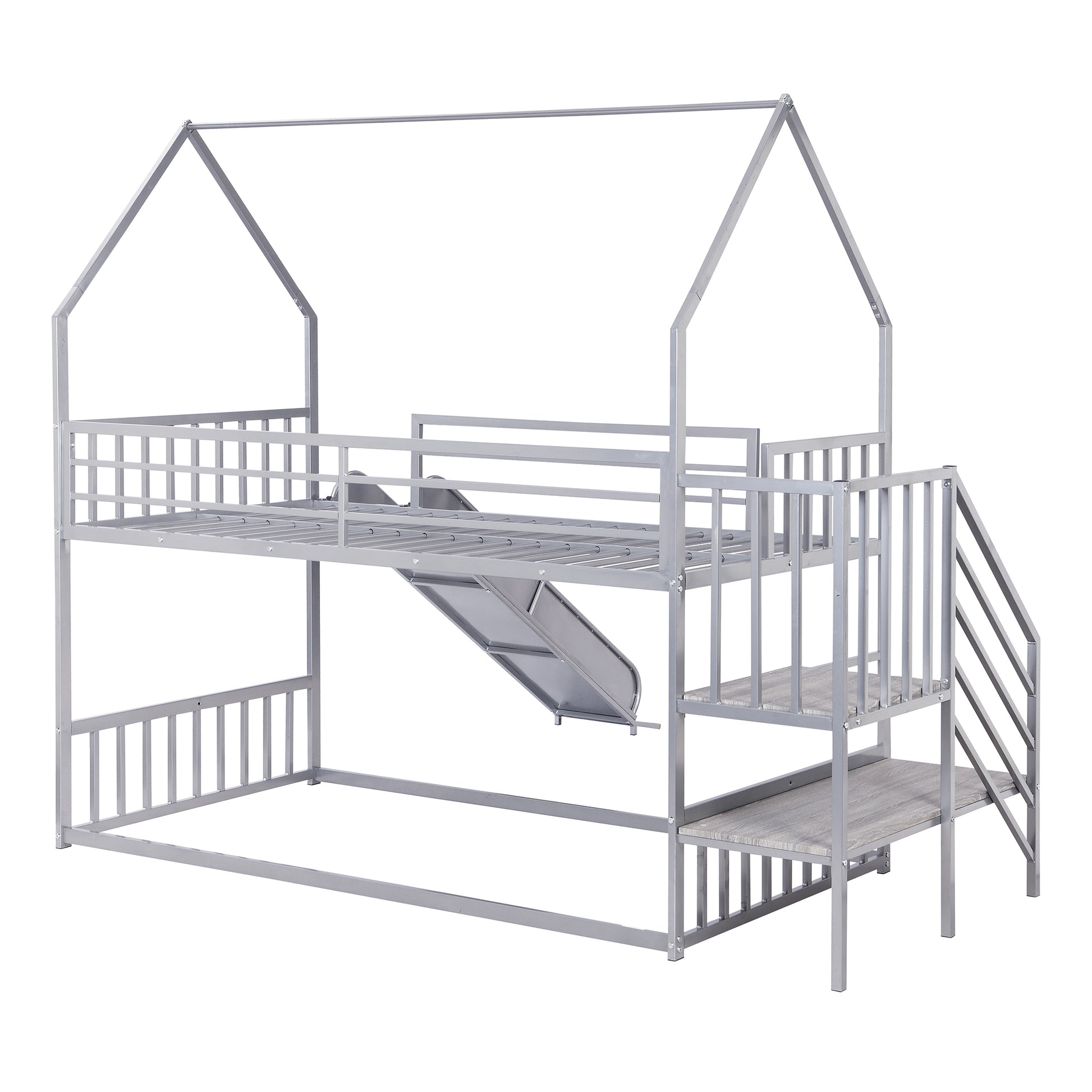 Twin over Twin Metal Bunk Bed House Bed with Slide and Staircase, Silver