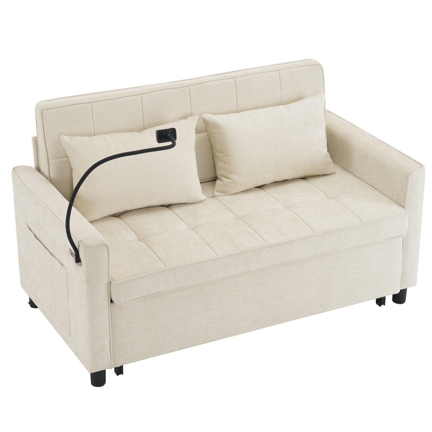 56.9" Loveseat Sofa Pull-out Sofa Bed Sleeper Sofa with a Reversible Backrest Cushion, Side Pockets, Two USB Ports and a Phone Holder for Living Room, Beige