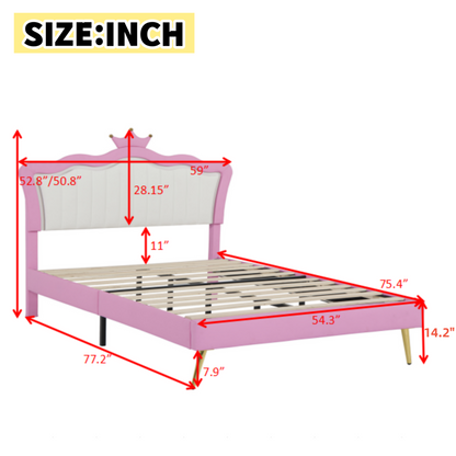 Full Size Upholstered Bed Frame with LED Lights, Modern Upholstered Princess Bed with Crown Headboard, Pink+White