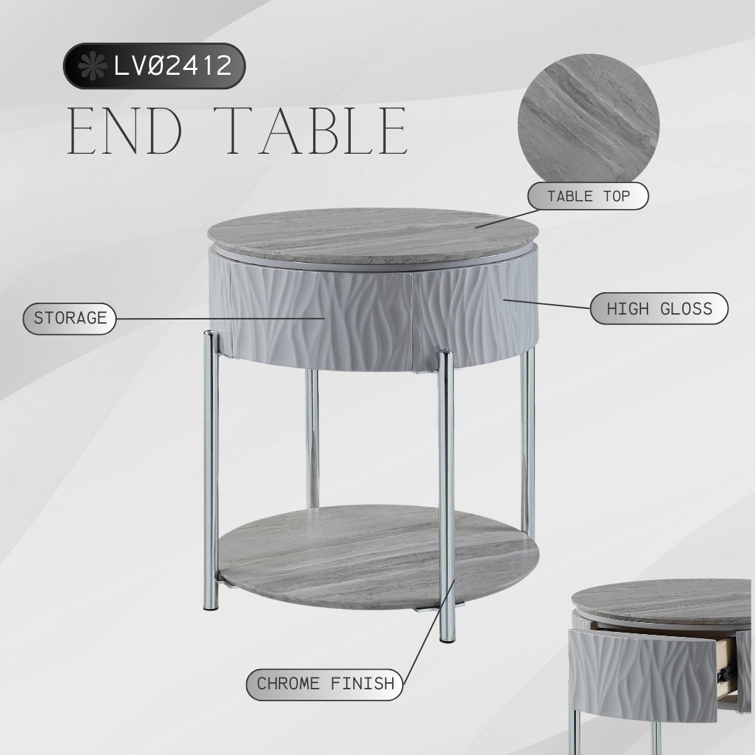 Yukino Gray High Gloss & Chrome Finish End Table