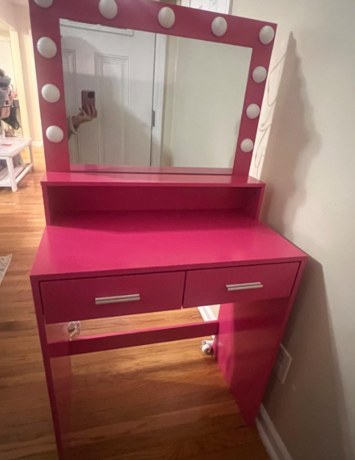 Vanity Desk with Mirror and Lights, Dressing Table with Large Drawer, 2 Level Storage Dresser & 3 Lighting Modes Adjustable Brightness, Suitable for Bedroom(Rose Pink)