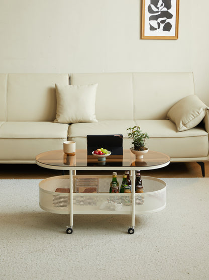 Movable oval metal glass coffee table with storage