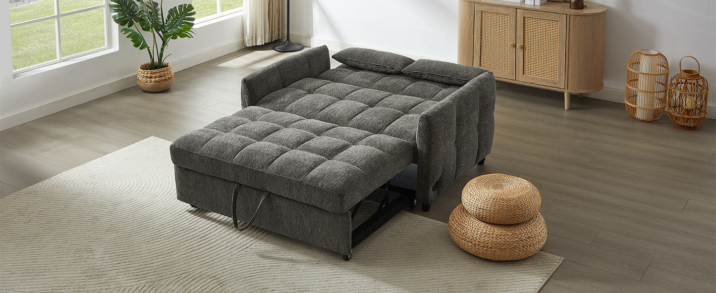 52.8" Loveseat Sofa Pull-out Sofa Bed Tufted Sleeper Sofa with an Adjustable Backrest, Three USB Ports and Two Lumbar Pillows for Living Room, Grey