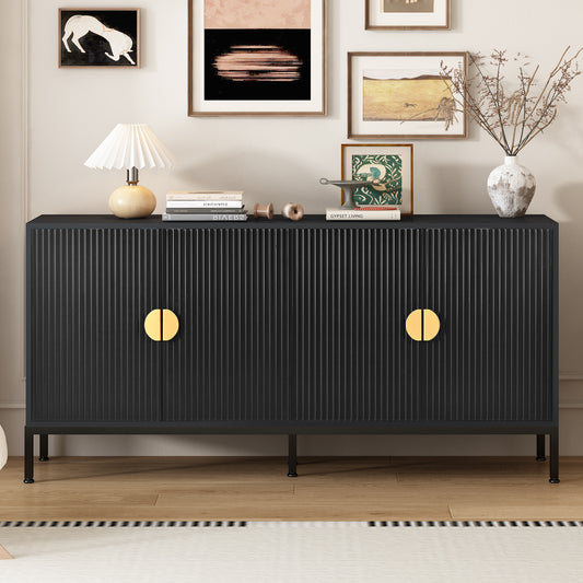 U_STYLE  Exquisite Vertical-Striped Four-Door Sideboard with Sturdy Metal Legs and Semi-Circular Handles, Suitable for Study, Entryway and Living Room