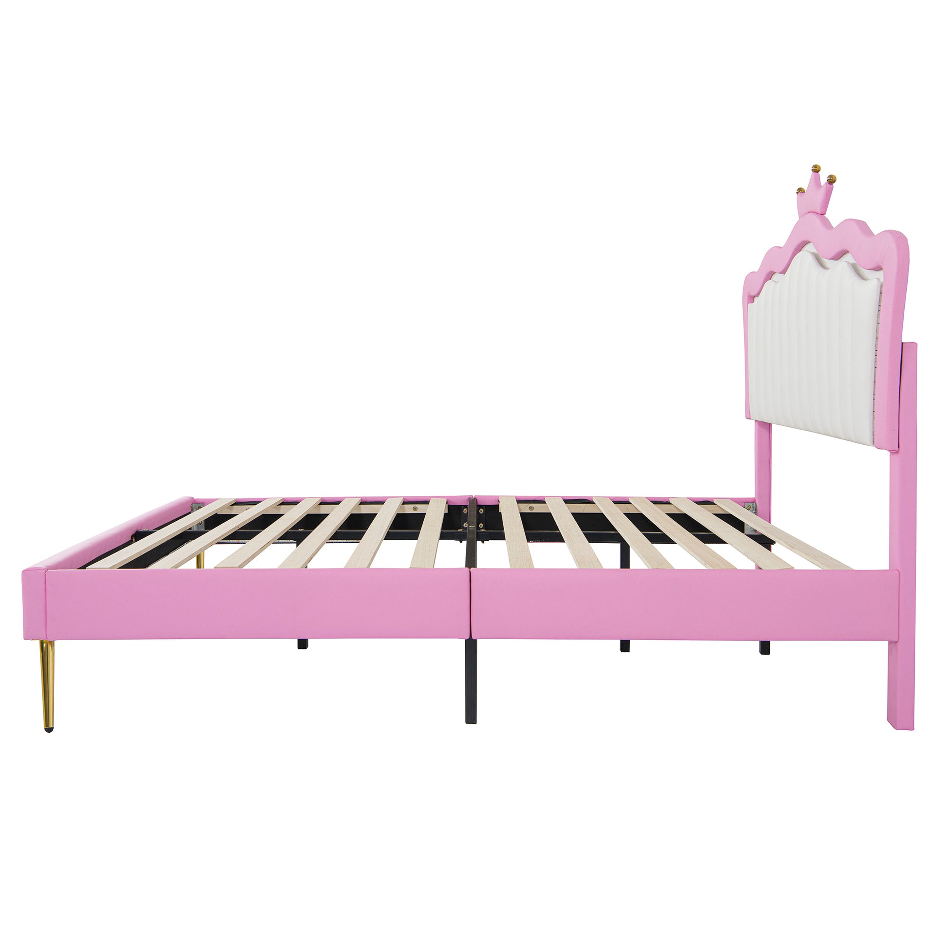 Full Size Upholstered Bed Frame with LED Lights, Modern Upholstered Princess Bed with Crown Headboard, Pink+White