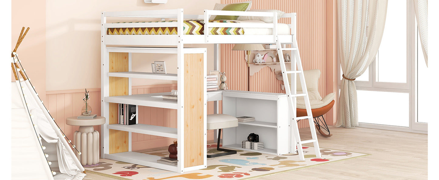 Full Size Loft Bed with Ladder, Shelves, and Desk, White(OLD SKU:LT000226AAK)