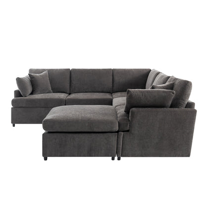 [ Video Provided]U_STYLE Upholstered Sectional Sofa with Removable Ottoman,U-Shape 6 Seat Sectional Couch,  for Living Room,,Apartment, Spacious Space