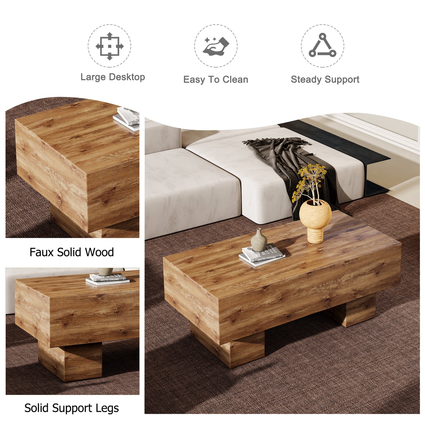 This modern rectangular coffee table features a stylish wood color, making it an ideal addition to any living room or apartment, and measures 43.3 "x 21.6" x 17.2 ".