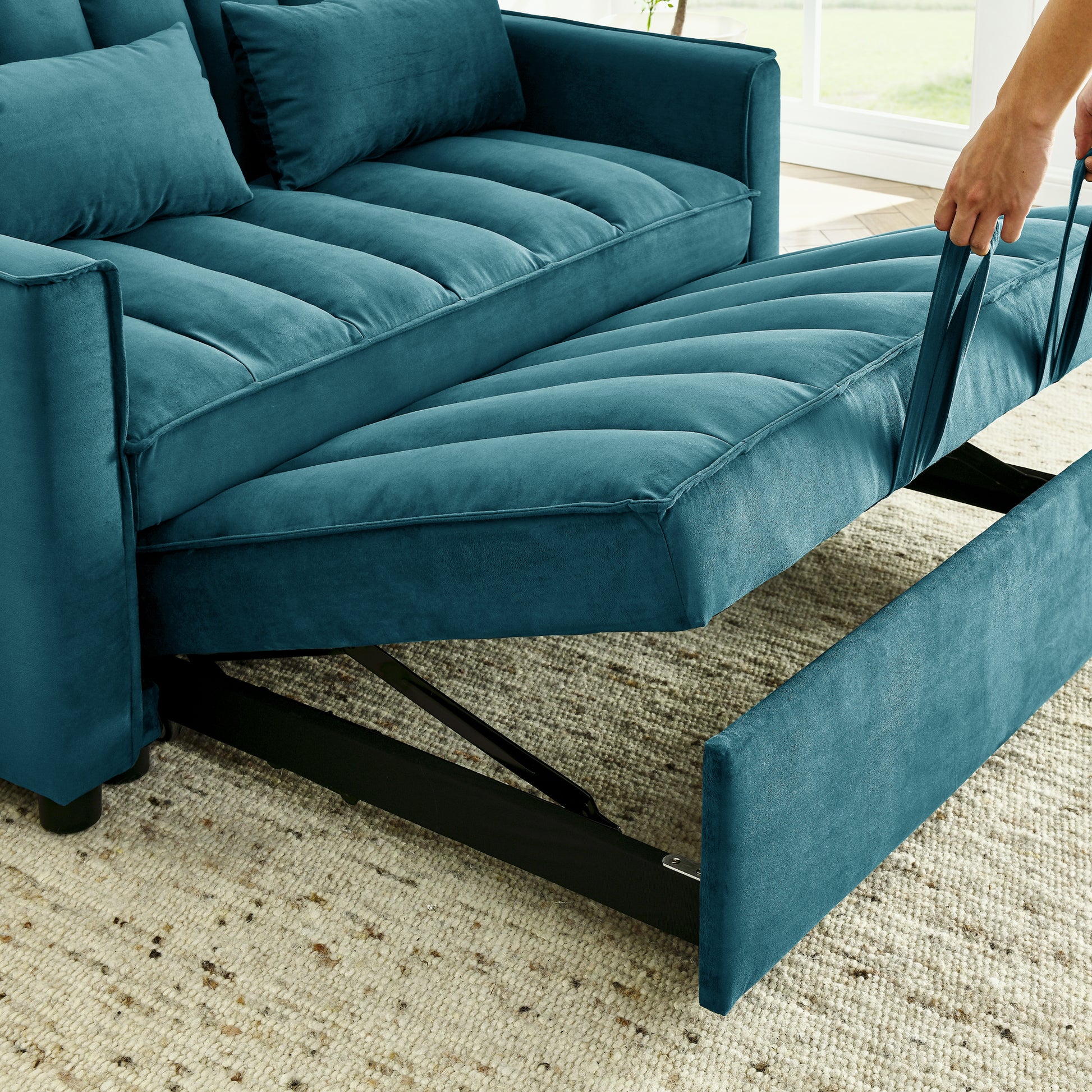 modern velvet loveseat sofa couch  pull out  bed,3 in one convertible for living room sofa bed,blue