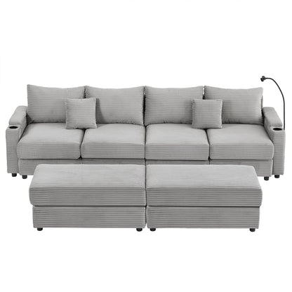 123.2" Modern Style 4-seater Sofa Sectional Sofa Couch with Storage Space, Two Movable Ottomans, Two USB Ports, Two Cup Holders, A Phone Holder for Living Room, Grey