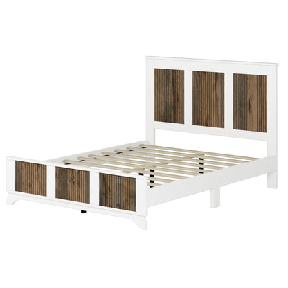 Farmhouse Wooden Platform Queen Size Bed, Modern Platform Bed with Wooden Strip Decoration, Plywood Slats Support, White