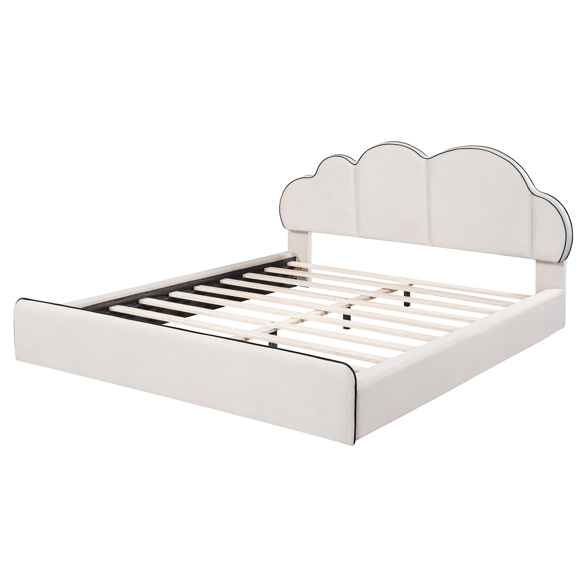 Queen size Upholstered Platform Bed with Cloud-shaped Headboard, Beige