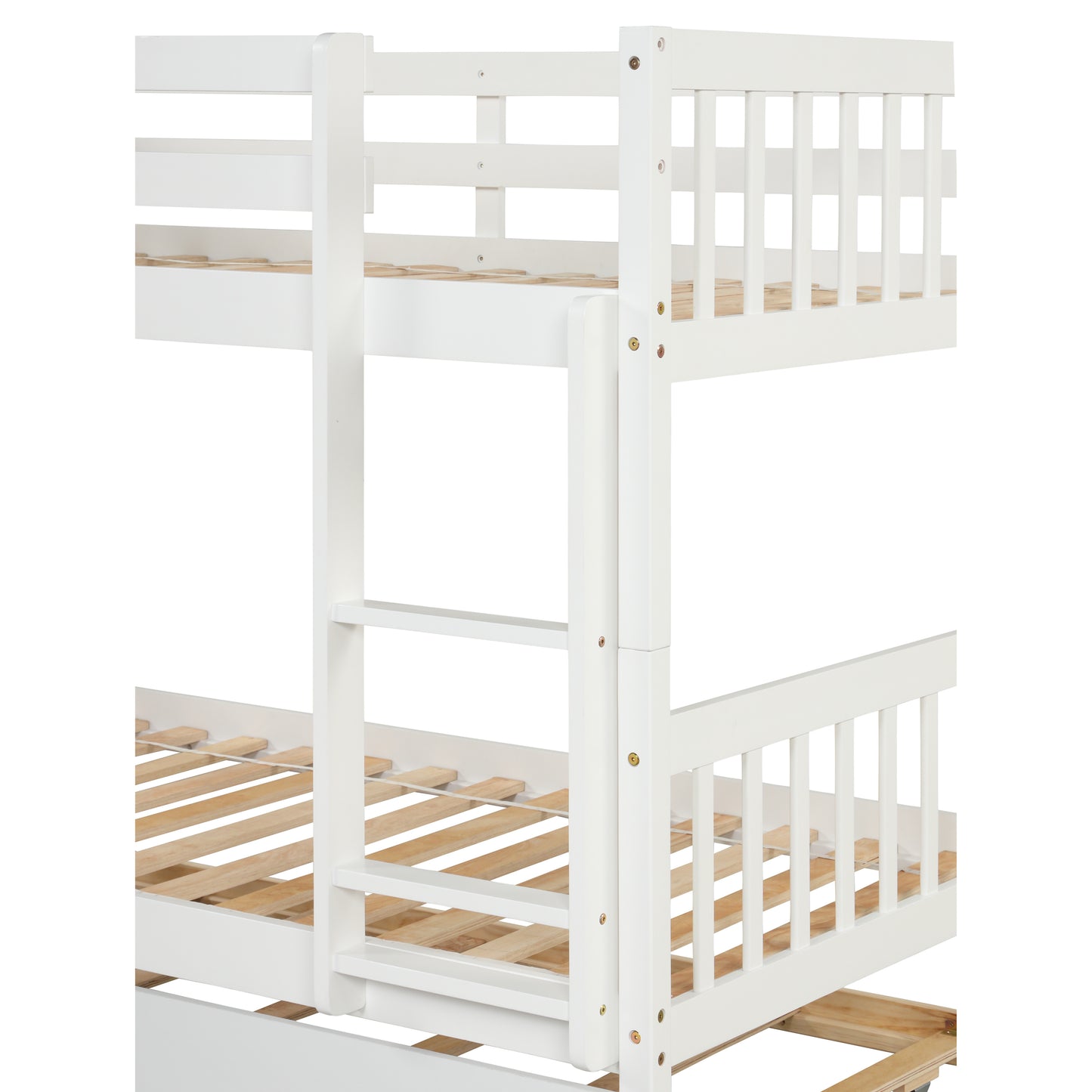 Twin Over Twin Bunk Beds with Trundle, Solid Wood Trundle Bed Frame with Safety Rail and Ladder, Kids/Teens Bedroom, Guest Room Furniture, Can Be converted into 2 Beds, White (Old Sku:W504S00028)