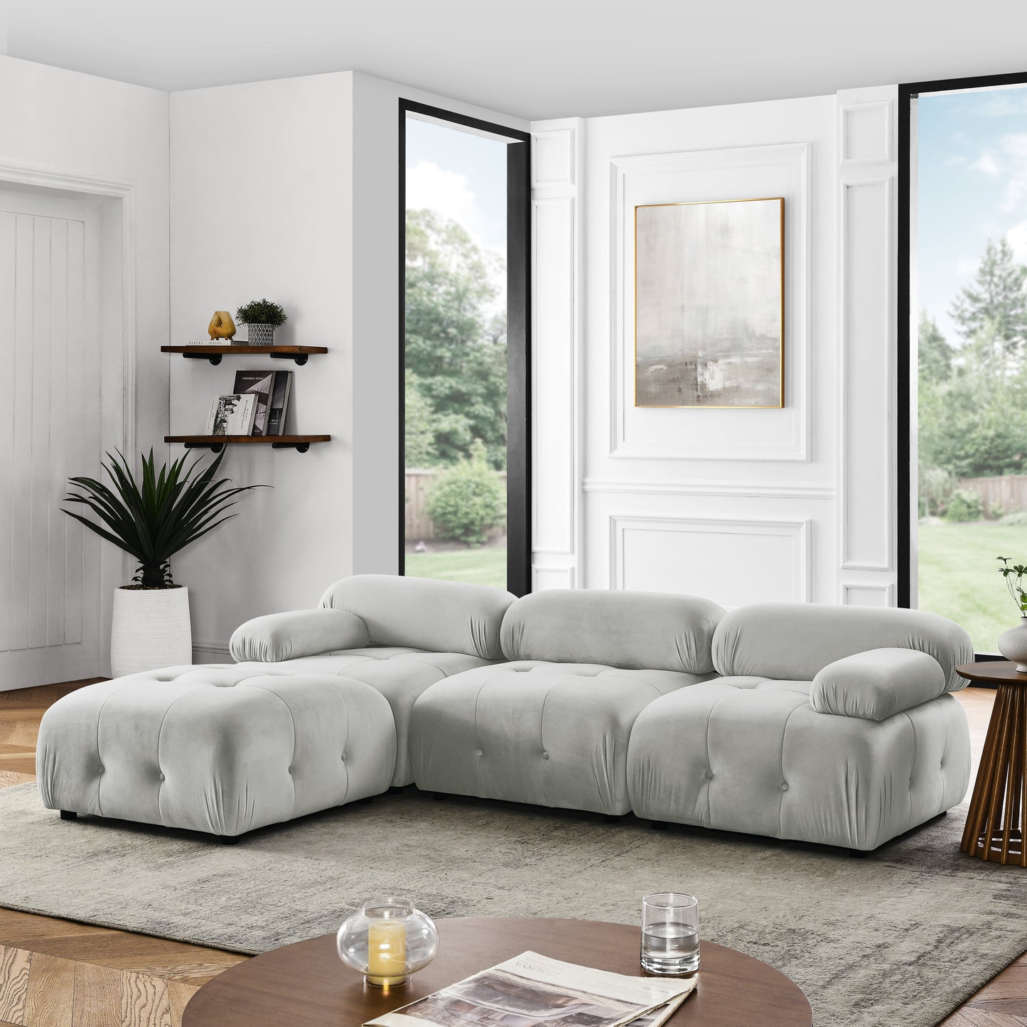 Modular Sectional Sofa, Button Tufted Designed and DIY Combination,L Shaped Couch with Reversible Ottoman, Grey Velvet