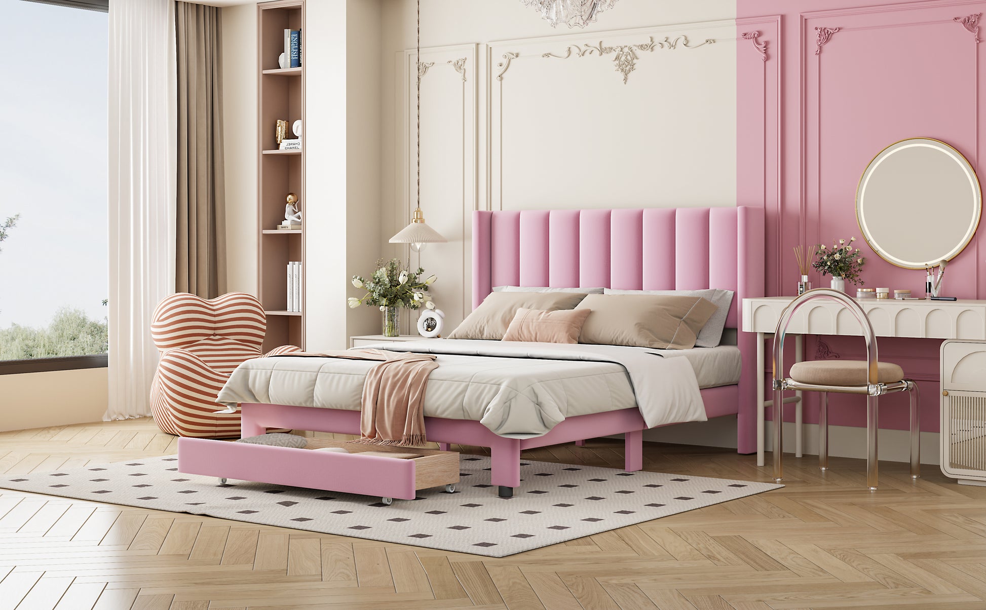 Full Size Storage Bed Velvet Upholstered Platform Bed with a Big Drawer - Pink(old sku:WF296850AAH)