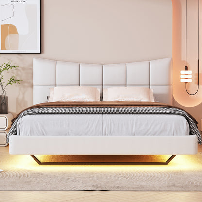 Full Size Upholstered Platform Bed with LED Lights,USB Ports and Outlets,Linen Fabric,Beige