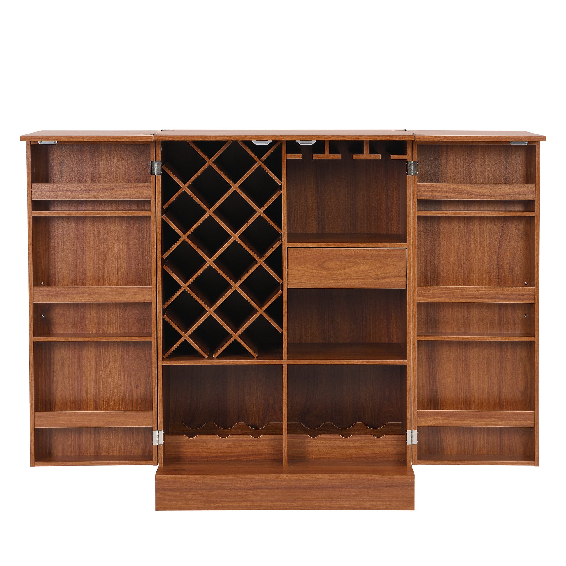 41.9" Home Bar Cabinet, Industrial Walnut Rattan Door Fold Out Bar Cabinet with Storage Bar Table