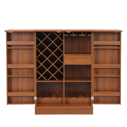 41.9" Home Bar Cabinet, Industrial Walnut Rattan Door Fold Out Bar Cabinet with Storage Bar Table