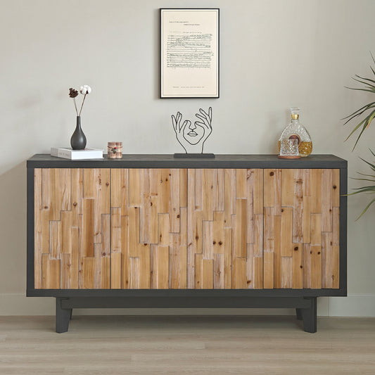 Modern Wooden 4-Door Storage Cabinet with Textured Geometric Design - Natural Wood Door