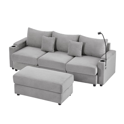 95.3" Modern Style 3-Seater Sofa Sectional Sofa Couch with Storage Space, A Movable Ottoman, Two USB Ports, Two Cup Holders, A Phone Holder for Living Room, Grey