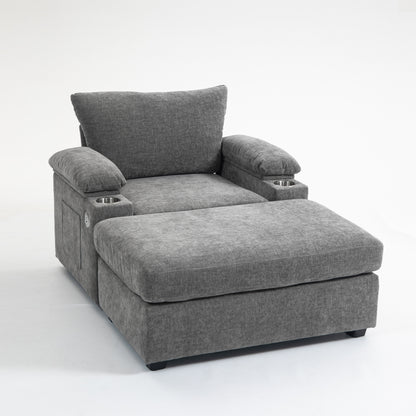 Modern Oversized Chair with Ottoman,Chenille Fabric Sofa Bed,Accent Chair Comfy Sofa with Cupholders and USB Charging Ports Chair for Living Room,Bedroom,Apartment