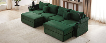 123.2" Modern Style 4-seater Sofa Sectional Sofa Couch with Storage Space, Two Movable Ottomans, Two USB Ports, Two Cup Holders, A Phone Holder for Living Room, Green