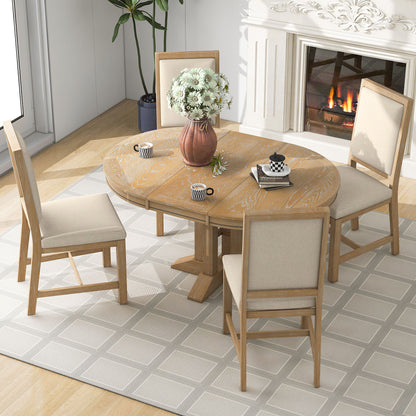 TREXM 5-Piece Dining Set Extendable Round Table and 4 Upholstered Chairs Farmhouse Dining Set for Kitchen, Dining Room(Natural Wood Wash)