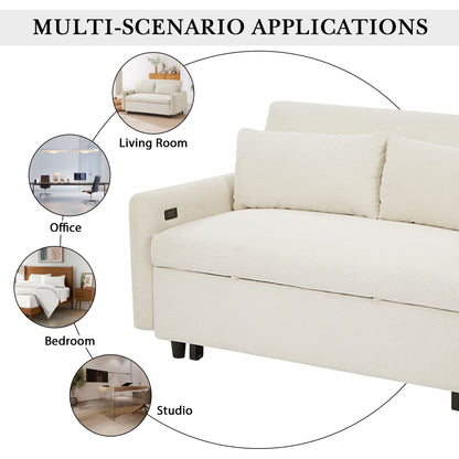 57.48" Pull-out Sofa Bed Convertible Couch 2 Seat Loveseat Sofa Modern Sleeper Sofa with Two Throw Pillows and USB Ports for Living Room, Beige(Old Sku:WF317760AAA)