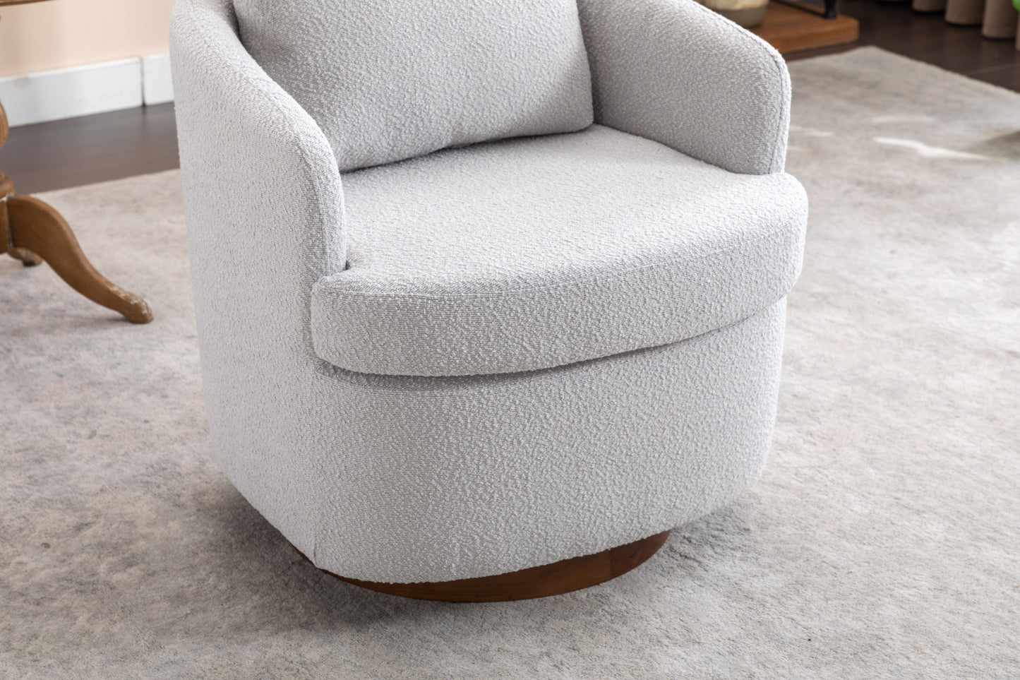 035-Boucle Fabric Swivel Accent Chair With Soild Wood Round Brown Base Leg,Light Gray