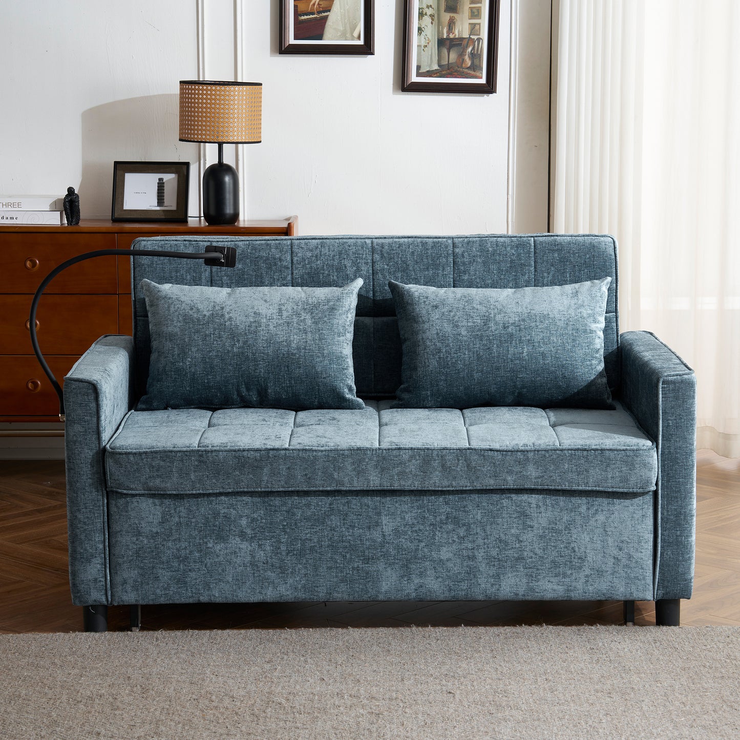 56.9" Loveseat Sofa Pull-out Sofa Bed Sleeper Sofa with a Reversible Backrest Cushion, Side Pockets, Two USB Ports and a Phone Holder for Living Room, Blue