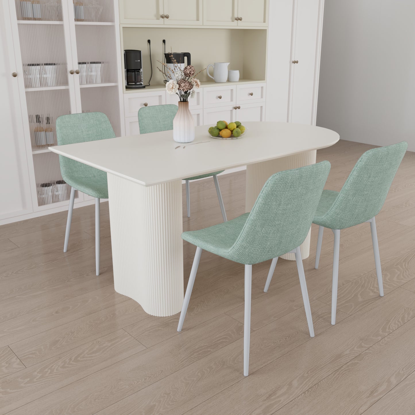 63 " MDF New Cream Style Dining Table and Modern Dining Chair 4-piece Set, Modern Fashion Kitchen Table Set, Round Wave Table Legs, Dining Table and linen Chair