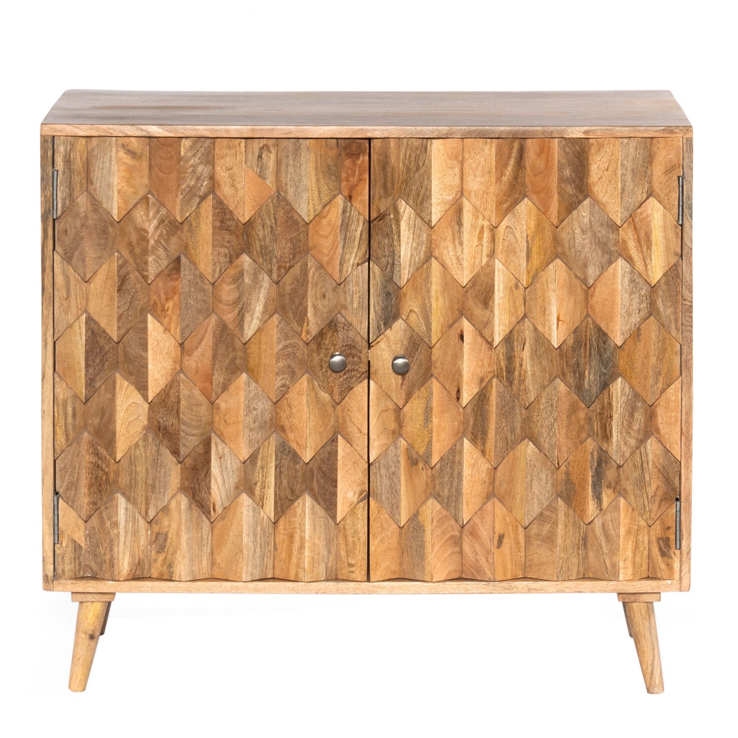 36 Inch Handcrafted Accent Cabinet, 2 Honeycomb Inlaid Doors, Mango Wood, Natural Brown