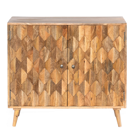 36 Inch Handcrafted Accent Cabinet, 2 Honeycomb Inlaid Doors, Mango Wood, Natural Brown