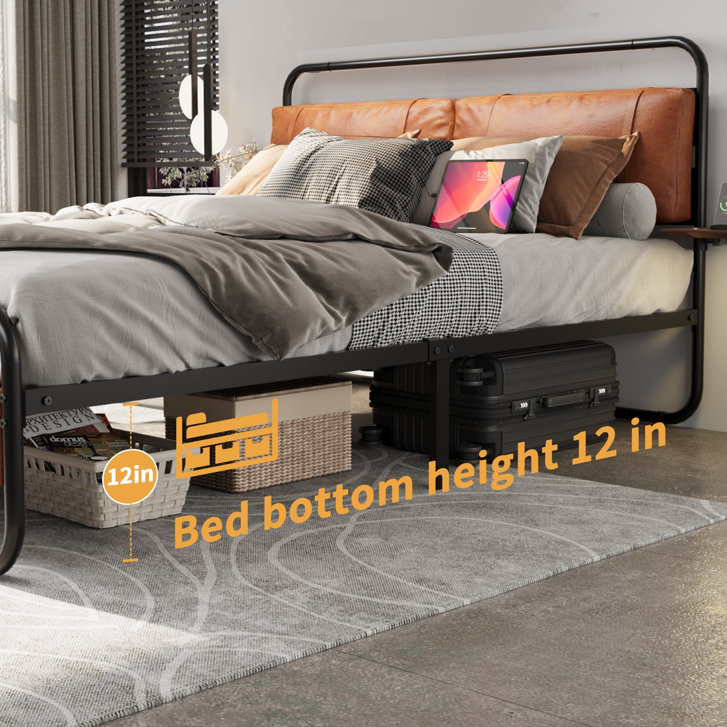 Queen Size Metal Bed Frame with Upholstered Headboard,  with wireless charging and USB A & USB C, Touch LED light,Oval-Shaped Platform Bed with Under-Bed Storage, No Box Spring Needed, Vintage Brown